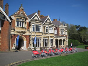 Santander hire cycles outside Bletchley Park mansion for Pedalling Culture launch
